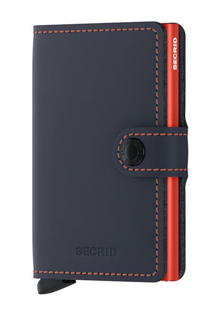 ΚΑΡΤΟΘΗΚΗ ΓΙΑ 10 ΚΑΡΤΕΣ LEATHER SECRID RFID SAFE MINI WALLET MATTE NIGHT BLUE ORANGE ΜΕ ΚΟΥΜΠΙ