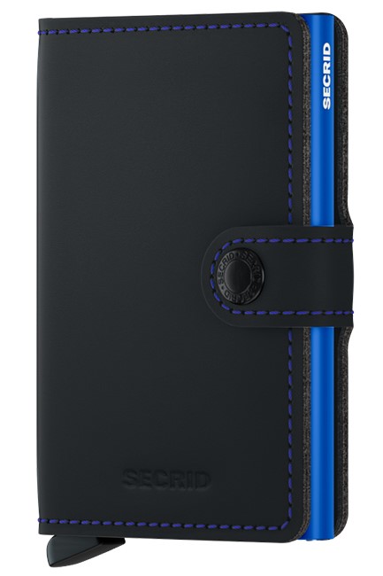 ΚΑΡΤΟΘΗΚΗ ΓΙΑ 10 ΚΑΡΤΕΣ LEATHER SECRID RFID SAFE MINI WALLET MATTE BLACK AND BLUE ΜΕ ΚΟΥΜΠΙ