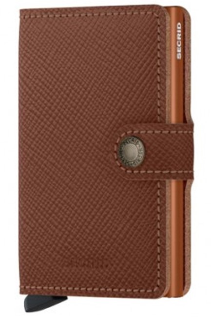 ΚΑΡΤΟΘΗΚΗ ΓΙΑ 10 ΚΑΡΤΕΣ LEATHER SECRID RFID SAFE MINI WALLET SAFFIANO CARAMEL ΜΕ ΚΟΥΜΠΙ