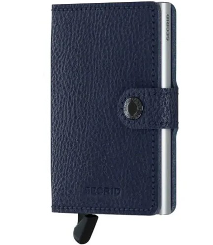 ΚΑΡΤΟΘΗΚΗ ΓΙΑ 10 ΚΑΡΤΕΣ LEATHER SECRID RFID SAFE MINI WALLET VEGET.TANNED NAVY SILVER ΜΕ ΚΟΥΜΠΙ