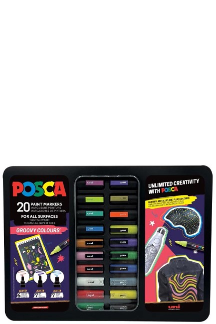 ΣΕΤ ΖΩΓΡΑΦΙΚΗΣ UNI POSCA GROOVY COLOURS 20ΤΕΜ.ΣΕ ΜΕΤΑΛΛΙΚΗ ΚΑΣΕΤΙΝΑ